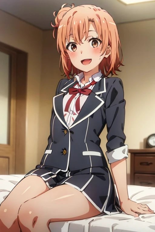 ((highest quality)), ((masterpiece)), (be familiar with), Perfect Face, indoor, Bedroom, Watching the audience,
One woman, Yuigahama Yui,
Open Mouth, Ecstatic expression, blush, smile,
Small breasts, Flat Chest, Young Girl, , , Girl,
Short Hair, Salmon-colored hair, Salmon-colored eyes, Side Pony,
Leg spread,