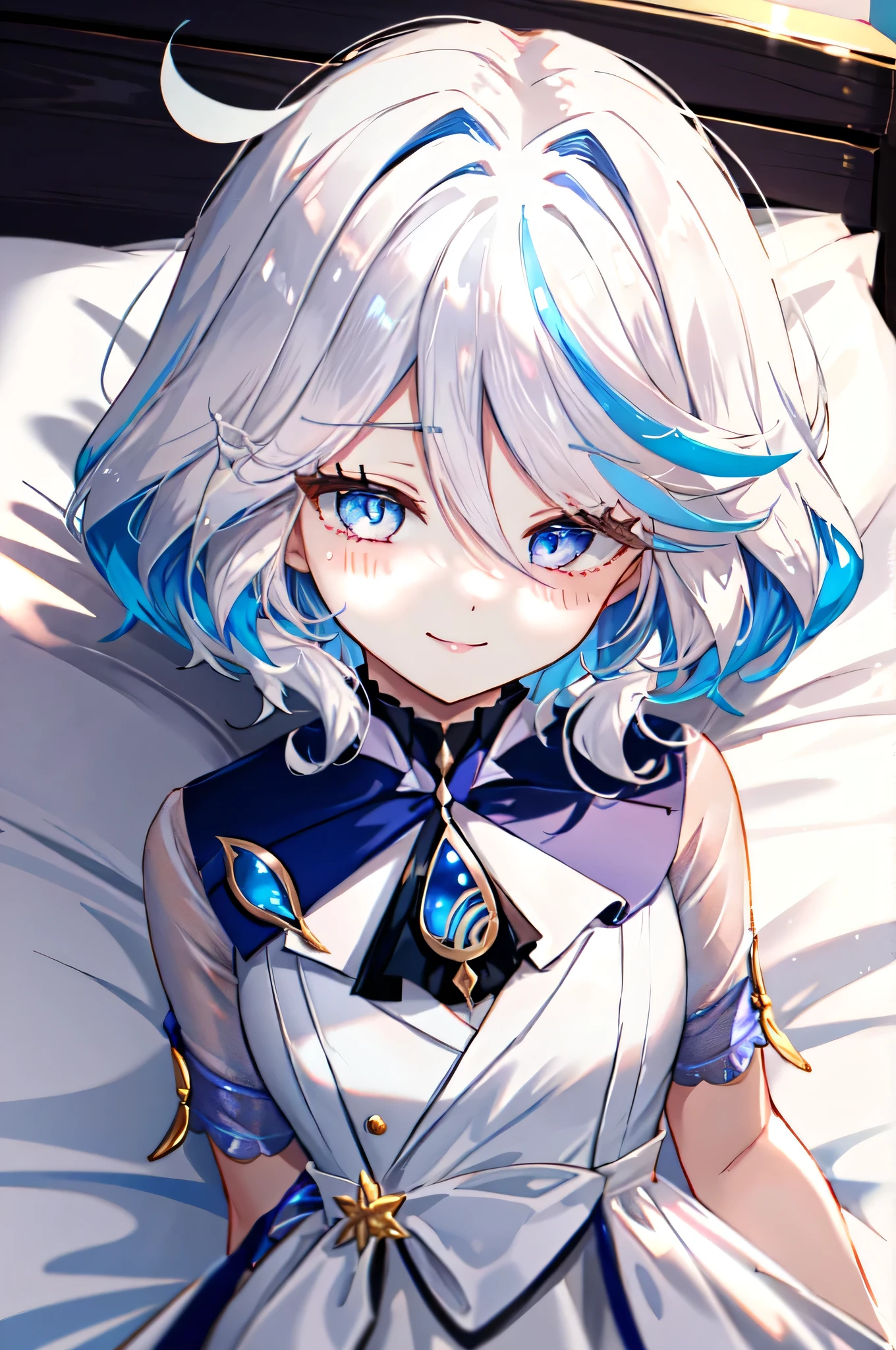 masterpiece, best quality, Gollens, 4K resolution, Minimalism, 1 girl,Solitary, , Forrina, White style, nature, Cute eyes, short hair, Decorate hair, white hair, White Dress, have, blush, Smile, Close your eyes tightly, shy,Lying in bed,Ray Tracing,Look at it from above