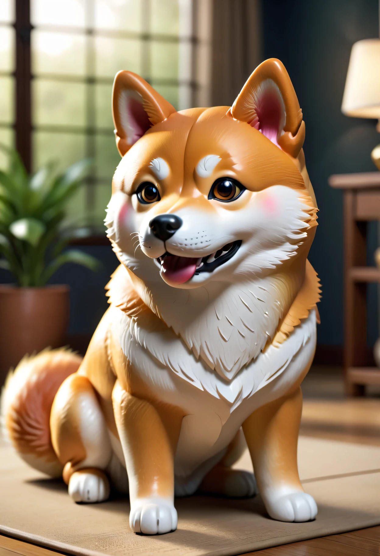 (highres, realistic:1.37), medium:3D rendering, adorable rubber Shiba Inu, lifelike details, glossy finish, vibrant colors, playful expression, perky ears, button-like eyes, detailed snout and mouth, intricate fur texture, sitting posture, soft curves, perfect proportions, expert craftsmanship, exquisite shadows and highlights, professional lighting, immersive depth, realistic surroundings, meticulous attention to every detail.