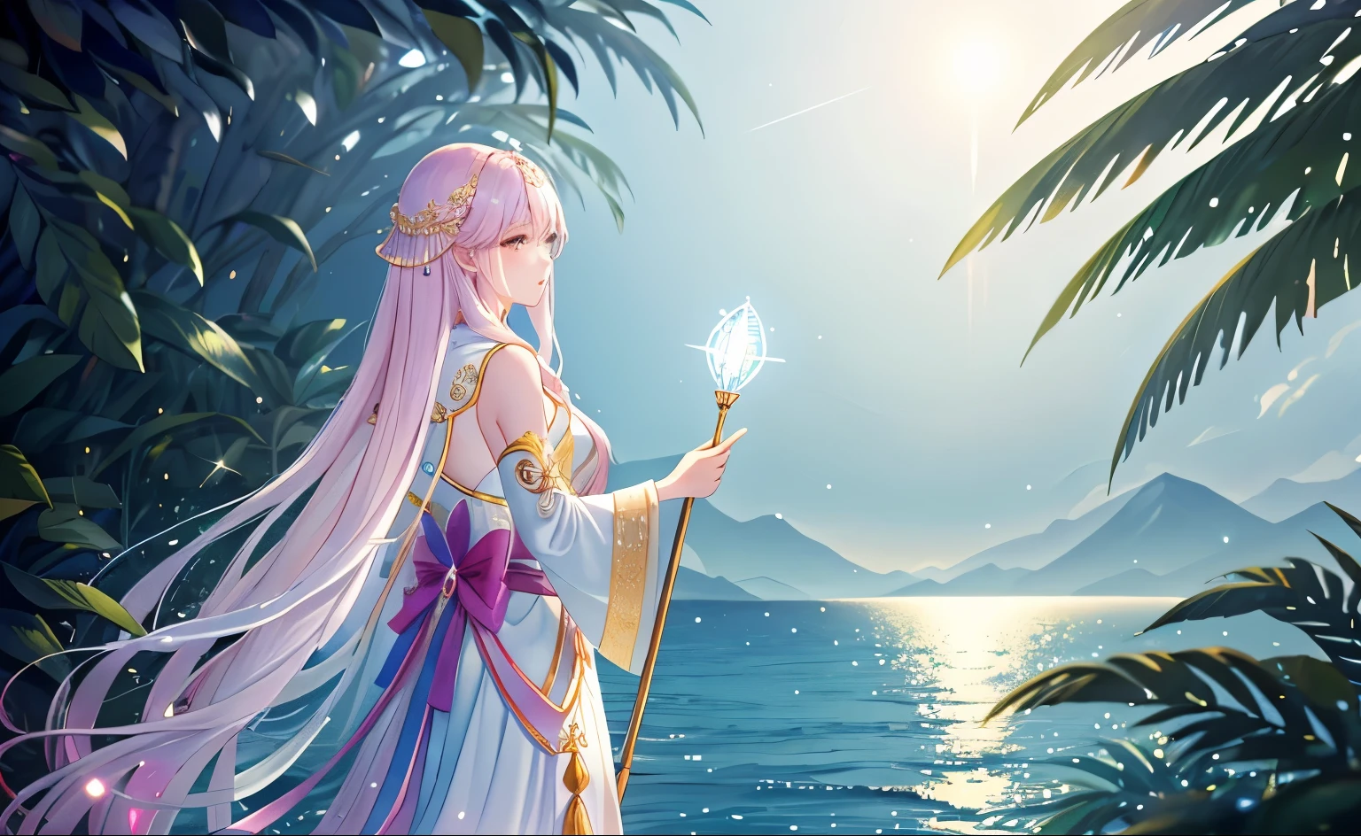 A tall figure stands confidently，Wearing glittering armor made of rainbow scales。Their skin has a soft glow，A faint light shone through the dense jungle around。temple，god，Their eyes sparkled with determination，Suggesting hidden powers and abilities waiting to be unleashed。In their hands they held a staff carved from a single piece of wood.，杖的表面刻着代表生命和死亡循环的god秘符号。from the side，The pier by the sea。