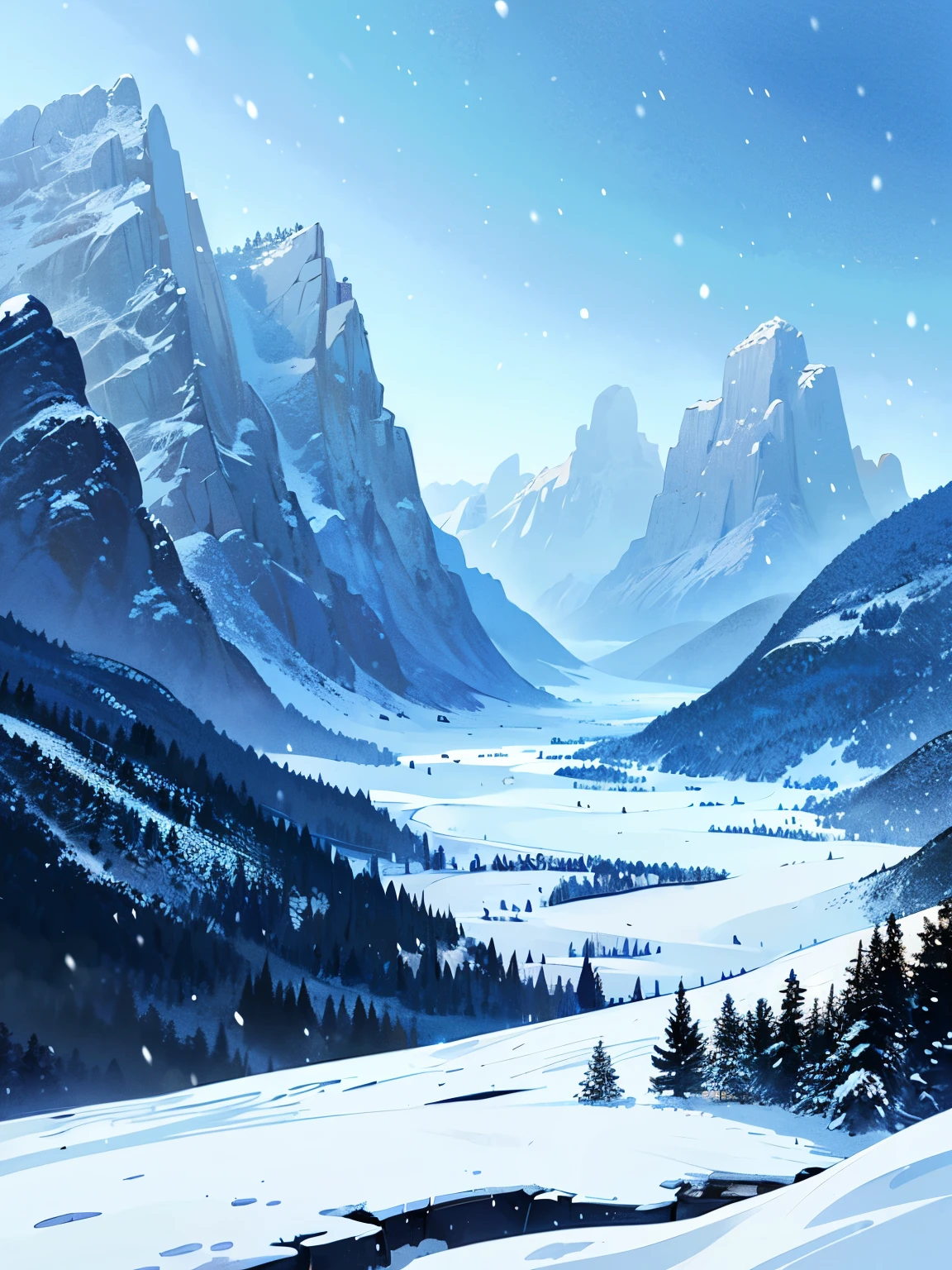 There are no people around、((Nobody is here))、((人工物がひとつもないNature))、((Snowy mountain with a severe snowstorm))、There is no way、No buildings、Nature、High quality、Detailed