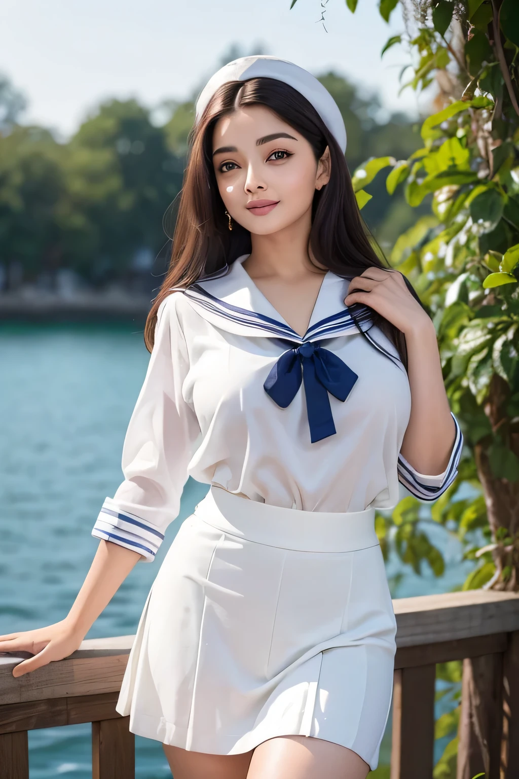 Beautiful, 20 Years old Aishwarya Rai, cute face,super detailed face,detailed hand,beautiful skin,oily skin,big eyes,profeccional lighting,medium hair,black hair,brown beautiful eyes, big smile,standing, (skirt lift),big breasts,(sailor suit),(checked skirt), white panties,
