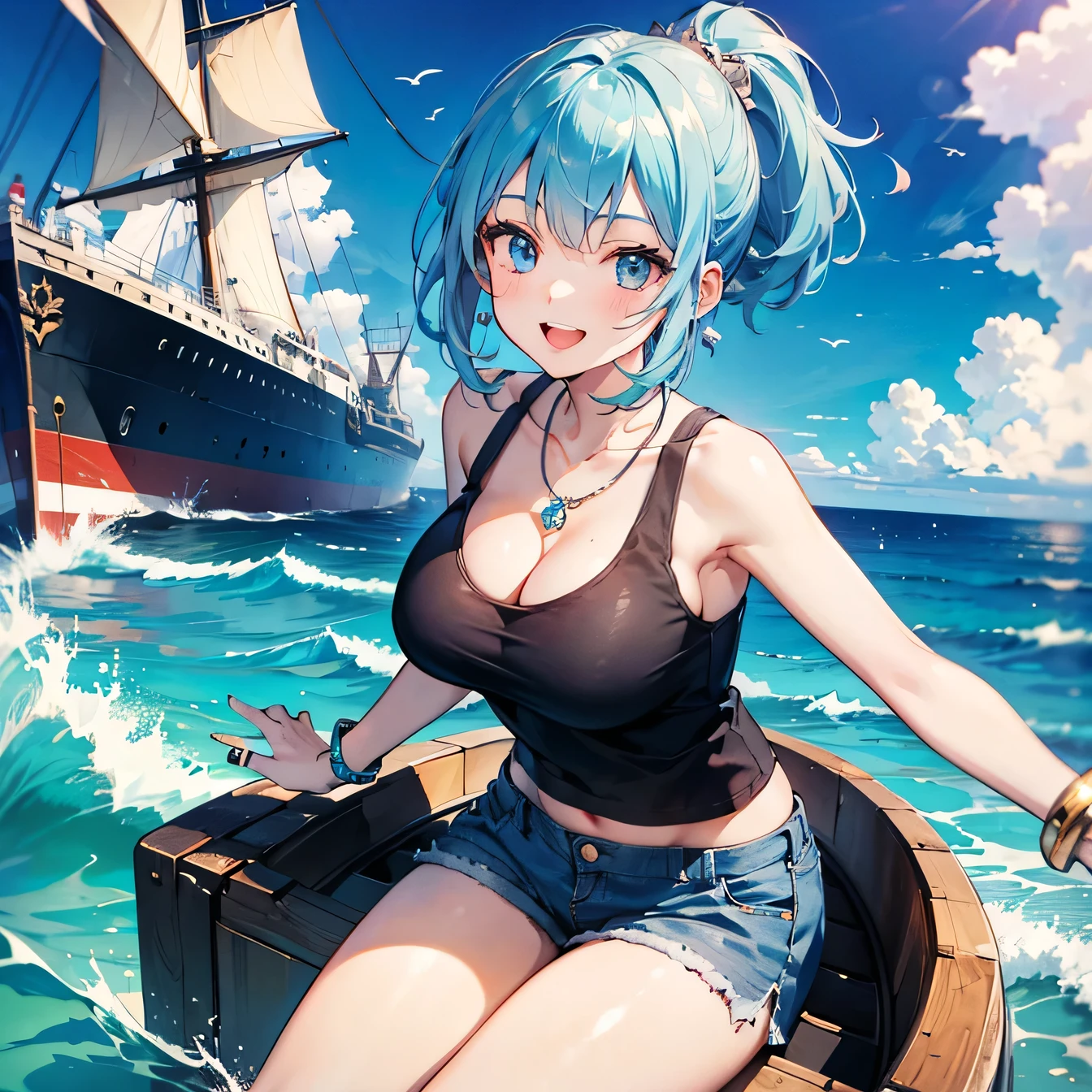 Anime Moe Art Style,highest quality,High resolution,One Girl,Anatomically correct,-teegirl with light blue hair in a ponytail,Super detailed,Tank top,hot pants,big breast cleavage,Active,Bright smile,Laughing with your mouth open,A rich expression,Eyes drawn in detail,necklace,ring,hair ornaments,bracelet,Daytime,blue sky,White cloud,On the ship,Sitting on the bow of a ship,Kicking the waves with his feet,8K