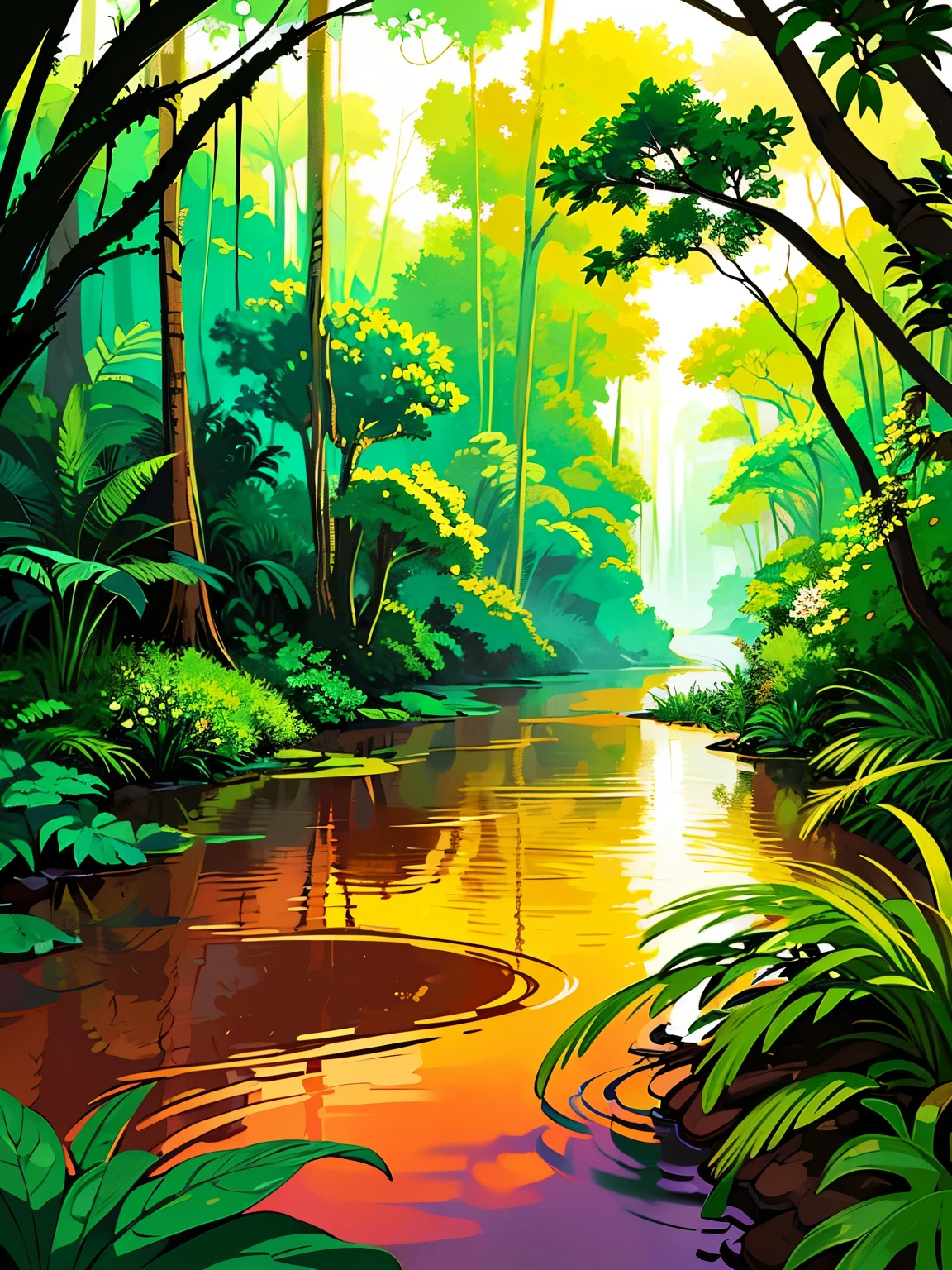 There are no people around、((Nobody is here))、((人工物がひとつもないNature))、((The dense and rugged Amazon River jungle))、There is no way、No buildings、Nature、High quality、Detailed