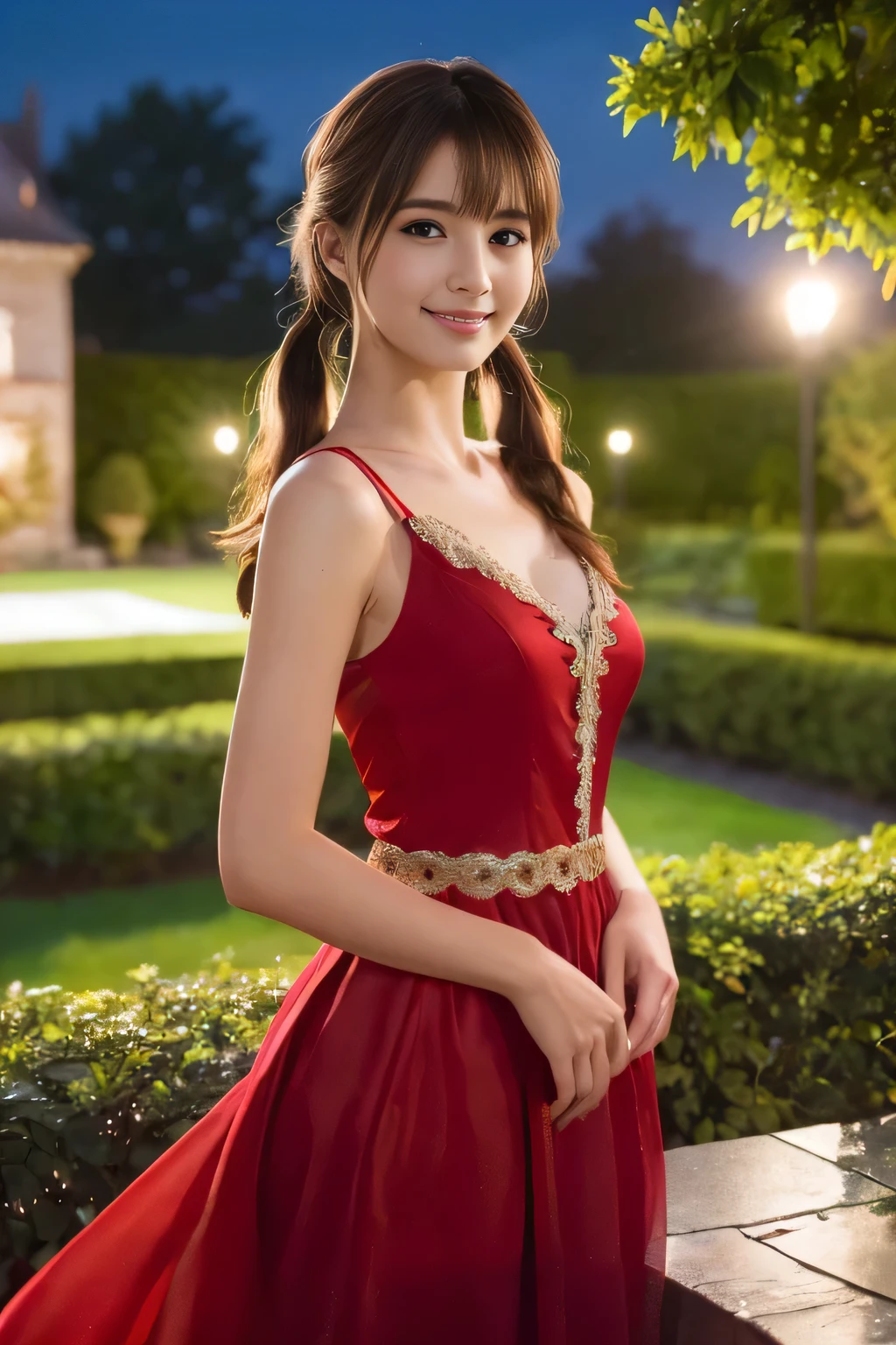 ((Tabletop:1.4, highest quality)), (Realistic photos:1.4), 
((1 girl)), (Pure actress), (dream-like), 
(超High resolution:1.2), Very delicate and beautiful, wonderful, very detailed Cg Unity 8K wallpaper, Very detailed, High resolution, 
Soft Light, Beautiful detailed girl, Very detailedな目と顔, Beautiful and detailed nose, Beautiful and detailed, 
(Wearing a long red dress:1.3), 
Cinema Lighting, Perfect Anatomy, Slender body, (Twin tails), (Parted bangs),
(In the gardens of an old European castle at night:1.3), (Outdoor), (Castle lit up),
Cowboy Shot, Looking at the audience, (smile)
