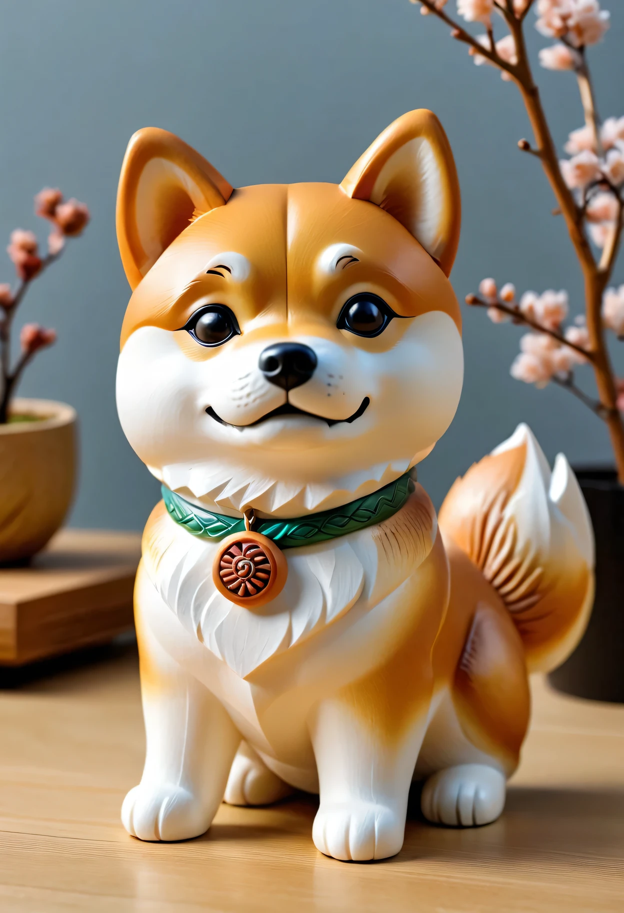 A cute Shiba Inu design 3D sculpture,Made of durable material(rubber、Silica gel)production,offer(Best quality、high resolution)Protect。The sculpture(Realistic)Characterized by Shiba Inu,Capture it(Cute expression:1.1)and(detailed、Expressive eyes:1.1)as well as(Cute little nose and mouth:1.1)。The design also includes(Finely etched fur details),Highlights the texture of dog hair。 The color palette of the design is composed of(Bright、Earthy tones)The composition,Create a lively and natural feeling。 In order to improve the overall quality and details of the image,Sculpture(Super Fine、High resolution printing technology)production。color(Visually striking、vivid)and image features(Focus)Make Shiba Inu Design Stand Out。The artistic style of sculpture tends to(Cartoon、Illustration),a screenshot of a landscape with(Japanese style)of aesthetics。
