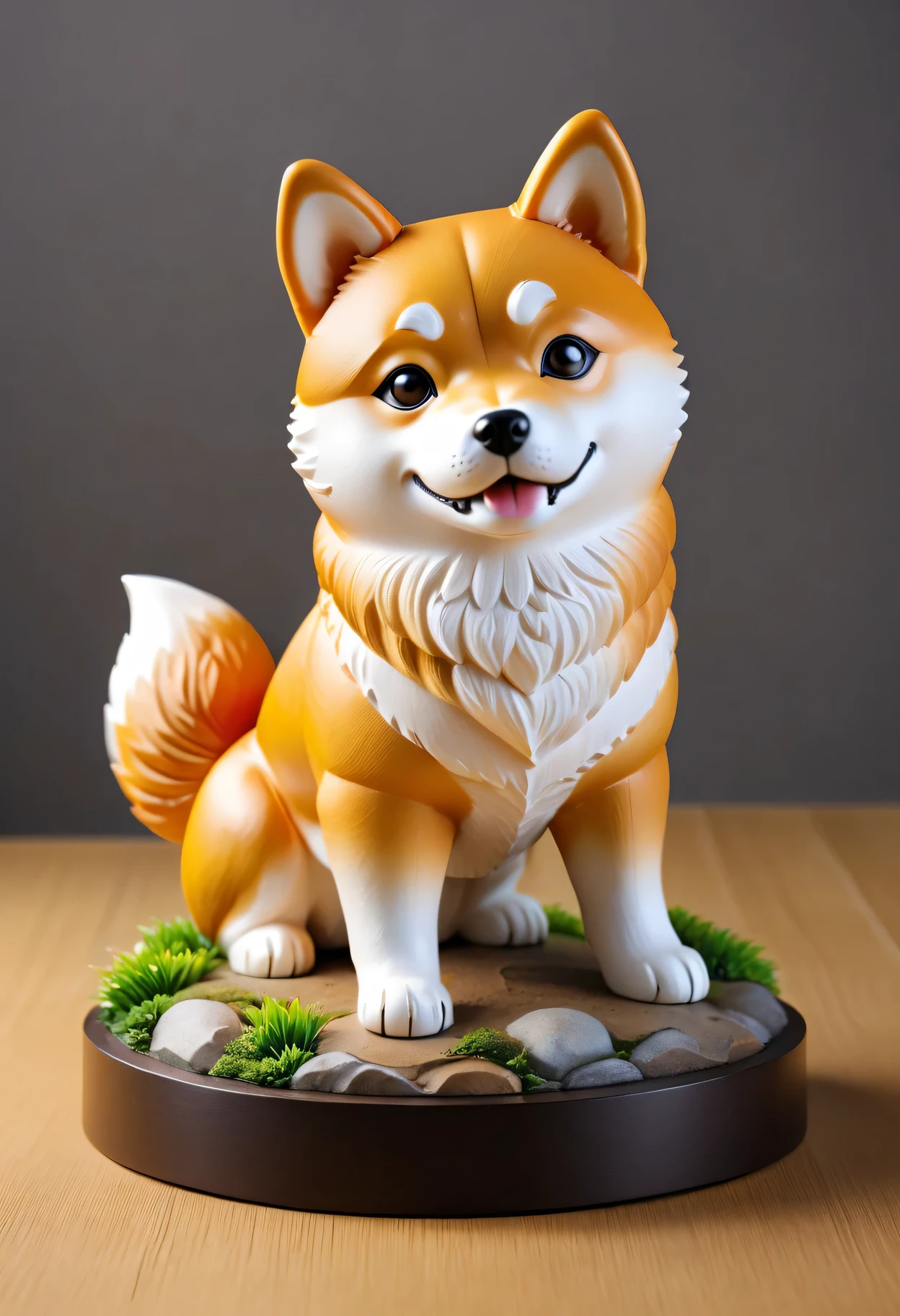 A cute Shiba Inu design 3D sculpture，Made of durable material（rubber、Silica gel）production，offer（Best quality、high resolution）Protect。The sculpture（Realistic）Characterized by Shiba Inu，Capture it（Cute expression：1.1）and（detailed、Expressive eyes：1.1）as well as（Cute little nose and mouth：1.1）。The design also includes（Finely etched fur details），Highlights the texture of dog hair。 The color palette of the design is composed of（Bright、Earthy tones）The composition，Create a lively and natural feeling。 In order to improve the overall quality and details of the image，Sculpture（Super Fine、High resolution printing technology）production。color（Visually striking、vivid）and image features（Focus）Make Shiba Inu Design Stand Out。The artistic style of sculpture tends to（Cartoon、Illustration），a screenshot of a landscape with（Japanese style）of aesthetics。