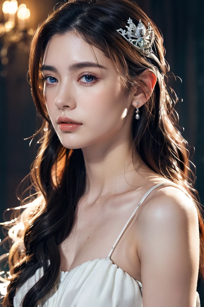 ( masterpiece, top quality, best quality,8k,17 years old girl,ultra detailed,raw photo:1.5),(photorealistic:1.4),(cinematic lighting), PerfectNwsjMajic, , Surrealism, UHD, ccurate, Super detail, textured skin, High detail, Best quality, dynamic angle, (high nose,White skin),[Beautiful blue eyes],[flat chest:large breasts:0.5],(1girl),(good anatomy:0.5)), of a woman in a dress with a sword, a beautiful fantasy empress, ((a beautiful fantasy empress)), beautiful fantasy maiden, jewelry, splendor 