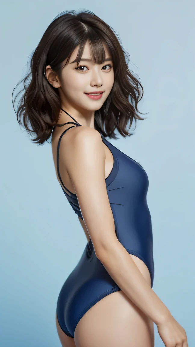 Generate with SFW, (1 girl:1.3), Cowboy Shot, Japanese, 20 year old supermodel, the body is slim, , (from before), (highest quality:1.4), 32k resolution, (Realistic:1.5), (Ultra-realistic:1.5), High resolution UHD, , ((Do not emphasize the top of the bust)), ((light light blue background color:1.15)), Accurate Fingers, Very detailed, Symmetrical eyes, Fine eyelashes, Thinly trimmed eyebrows,masterpiece:1.2)), (Improvement of quality:1.4), (Very beautiful facial details), (Highest quality realistic skin texture:1.4), (Perfect Anatomy:1.2), (Are standing:1.37), (competition swimsuit ((dark blue swimsuit)) :1.21), ( Natural Makeup, [Pink lipstick], ((A good eye for quality:1.2)), (tired, Sleepy and satisfied:0.0), (Beautiful Lips:1.33), (Great nose:1.2), ((Physically Based Rendering of the Background:1.37)), (small breast), Tight waist, ( slim lower body), Brown Hair, bangs, (natural wave hair :1.37), , Gentle light illuminates the face and body, Spectacular and inspiring cinema lighting, ((arms at sides)), embarrassed happy laugh, ,