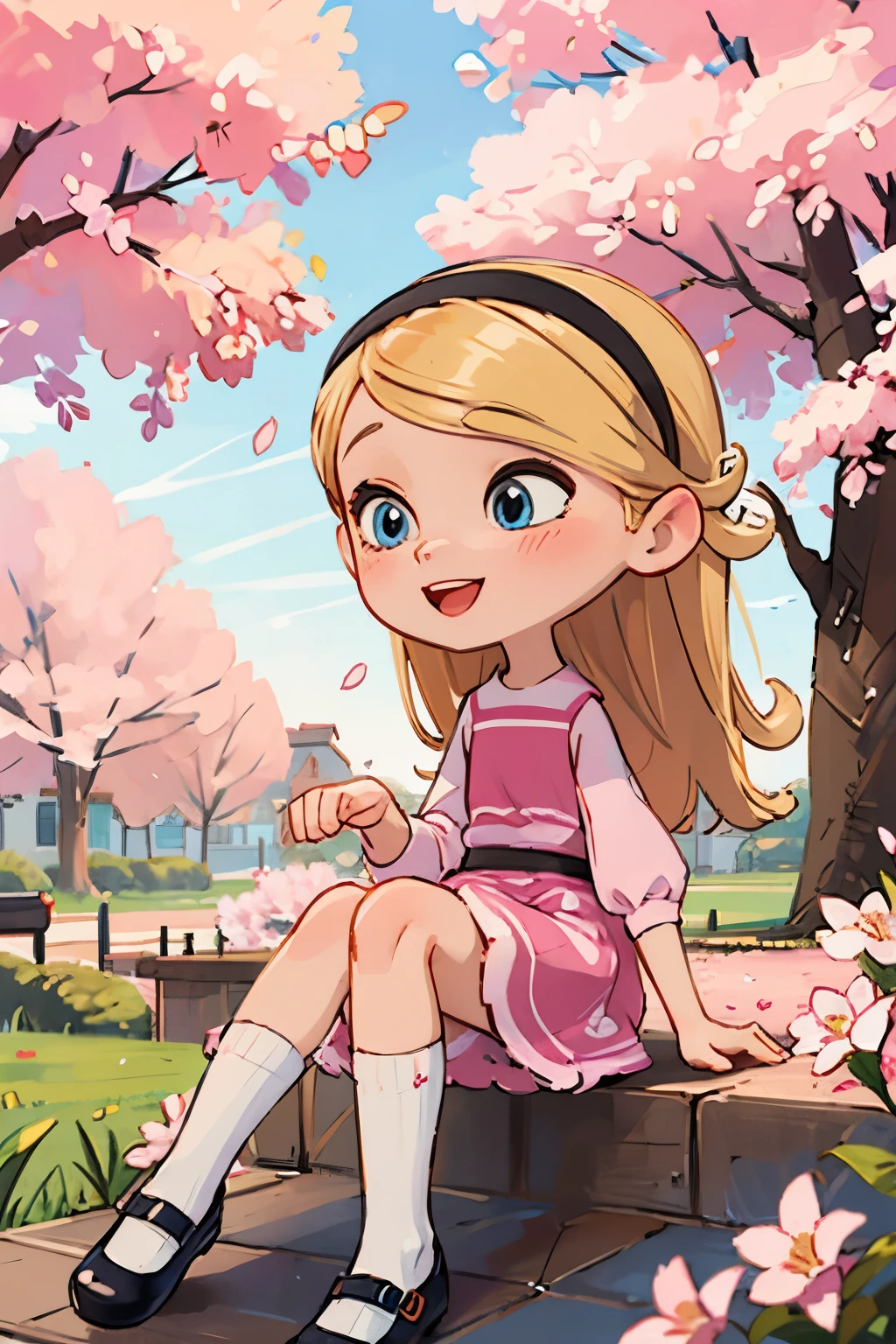 The beautiful girl wearing a , , has long blonde hair, hairband, blue eyes, ((pink dress)), puffy sleeves, white tube socks, black mary janes, her body parts are very ideal, her thighs are also chubby, her face has a sweet smile, her position is sitting on the terrace of the house overlooking the cherry blossoms on the terrace, and with polite sitting posture, happy, perky, cute, (huge Laughing:1.1), (open mouth:1.1)