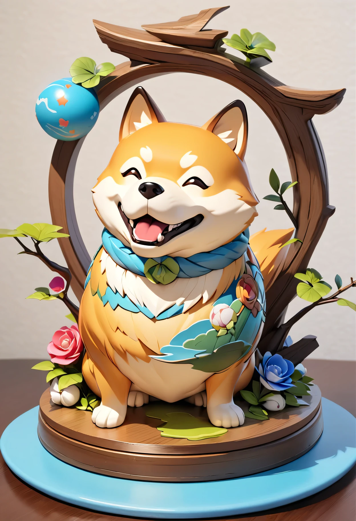 A cute Shiba Inu design 3D sculpture，Made of durable material（rubber、Silica gel）production，offer（Best quality、high resolution）Protect。The sculpture（Realistic）Characterized by Shiba Inu，Capture it（Cute expression：1.1）and（detailed、Expressive eyes：1.1）as well as（Cute little nose and mouth：1.1）。The design also includes（Finely etched fur details），Highlights the texture of dog hair。 The color palette of the design is composed of（Bright、Earthy tones）The composition，Create a lively and natural feeling。 In order to improve the overall quality and details of the image，Sculpture（Super Fine、High resolution printing technology）production。color（Visually striking、vivid）and image features（Focus）Make Shiba Inu Design Stand Out。The artistic style of sculpture tends to（Cartoon、Illustration），a screenshot of a landscape with（Japanese style）of aesthetics。