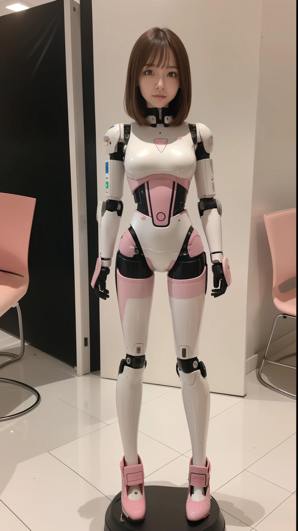 masterpiece, best quality, extremely detailed, (8K, 4K, Best Quality, Hight resolution, 超A high resolution:1.1), 8K portrait,1girl in, Japanese android girl, android teacher, control panels, android, Droid, Mechanical Hand, ,Robot arms and legs, Black hair, Mechanical body, Blunt bangs, Pink Robotics Parts, perfect robot woman, Charging spot, Long Tube, A thick cable was connected to her neck, ceramic body , android, robot humanoid, panty, full eyes, perfect mechanical body, pink robotics body, future assembly plant, Pink body, She has repaired, lack sponge joints, android assembly plant, android, laboratory, platform boots, perfect machine body, pink robot body