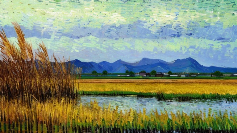 Close-up of a large area of reed marshes deep in the reeds,The reeds should be as high as half the screen.,Mighty,A man in his forties shouts in the reeds,The reed was much taller than he was.,A small village in the distance as a background。Van Gogh style,painting