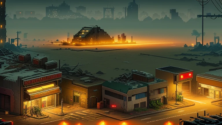 16-bit pixel art, pixel game, post apocalyptic city street with distant city ruin skyline, damaged walls and buildings, rubbles,  outdoors ruined cityscape, grimy streets backdrop, large empty street, style of metal slug, mainly empty street, the street is entirely lit up by the daylight