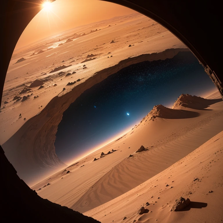 Paysage d’un astronaute qui marche sur mars avec une vue sur l’espace et le soleil avec des étoiles partout