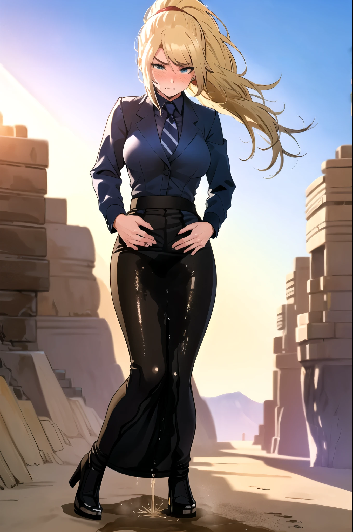 samus aran, facing viewer, ponytail, large breasts, hair tie, black suit, black business outfit, necktie, (long pencil skirt:1.5), pantyhose, (standing straight1.5), peeing herself, (wetting herself:1.5), very large peeing stain, huge pee stain, best quality, ultra-detailed, HDR, studio lighting, professional, vivid colors, sharp focus, physiologically-based rendering, bokeh, landscape, soft lighting, dynamic shadows, (hands on hips:2.0), embarrassed, humiliation, blushing, angry, tears, (desert:1.5), (sand:1.5), rocks, (canyon:1.5), (day:1.5), (daytime:1.5)