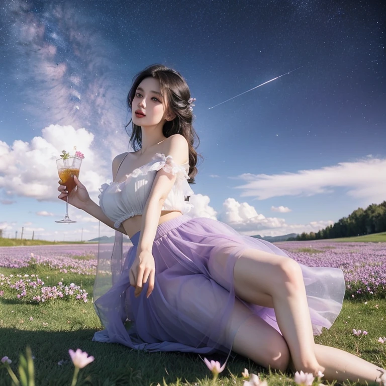 A beautiful photo，Pretty Face，Facial details，fairy tale，Beautiful gesture，Black long hair，Purple skirt，Light-colored skirt，Translucent skirt，The skirt can see the body，Skirt blown up by the wind，Skin is hydrated and shiny，jewelry，jewelry，Noble fairy，permanent，Purple high heels，contour，Straighten your hips，Plump ass，Huge breasts，The grass is full of flowers，Sky，cloud，Starry Sky