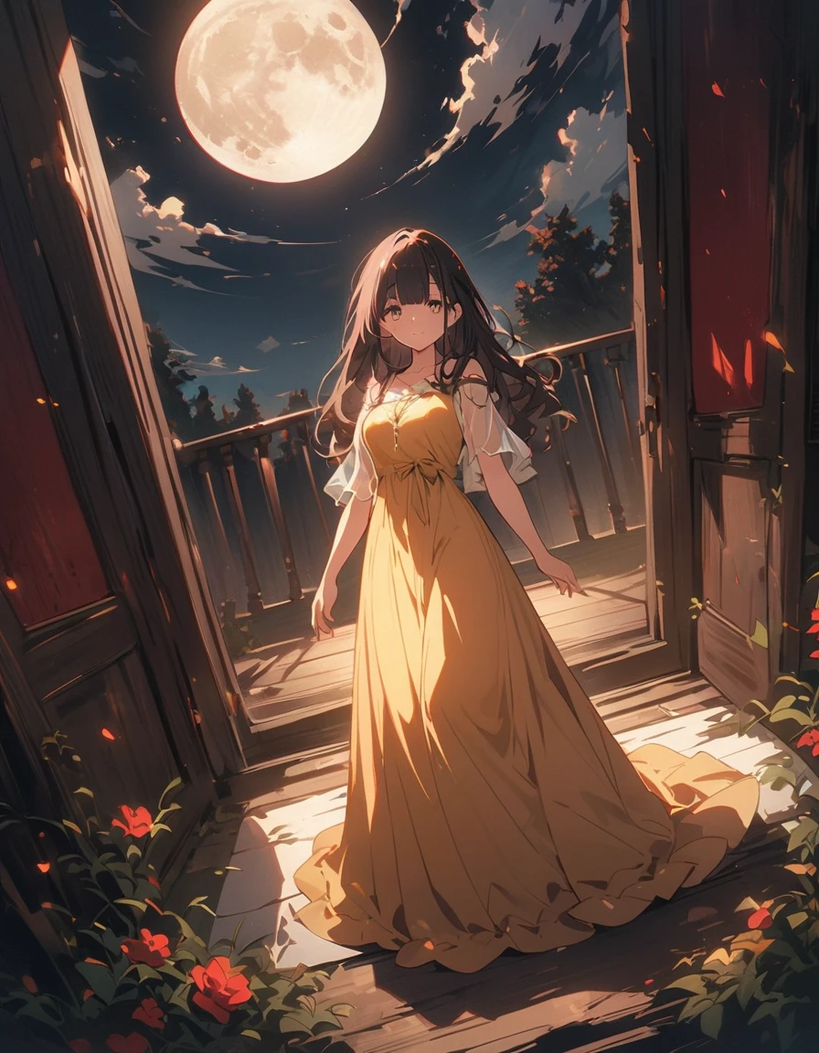 (masterpiece),(highest quality), figure, (Fantasy:1.4), Brown long hair, Long eyelashes, Round eyes, A light smile, Surrealism, Cast a Shadow, Anaglyph, Stereogram, Atmospheric perspective, 8k, Super Detail, Accurate, highest quality, 超High resolution, Textured skin, Long dress, moon, Flowers , paper_cut、(highest quality、masterpiece、High resolution、detailed)、animeスタイル、Flat Style、(Shining Eyes、detailed美しい顔), BREAK,1 girl、extremely detailed(The Shining), Best lighting, Best Shadow、floating, (High saturation),Dynamic Angle、anime