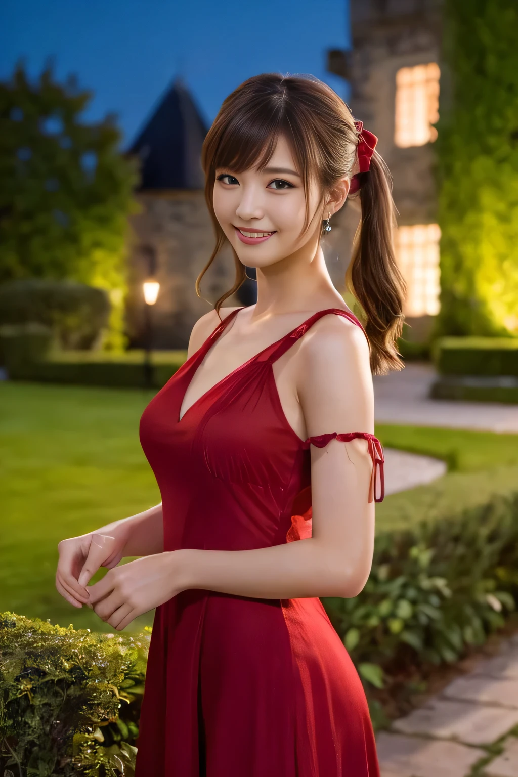 ((Tabletop:1.4, highest quality)), (Realistic photos:1.4), 
((1 girl)), (Pure actress), (dream-like), 
(超High resolution:1.2), Very delicate and beautiful, wonderful, very detailed Cg Unity 8K wallpaper, Very detailed, High resolution, 
Soft Light, Beautiful detailed girl, Very detailedな目と顔, Beautiful and detailed nose, Beautiful and detailed, 
(Wearing a long red dress:1.3), 
Cinema Lighting, Perfect Anatomy, Slender body, (Twin tails), (Parted bangs),
(In the gardens of an old European castle at night:1.3), (Outdoor), (Castle lit up),
Cowboy Shot, Looking at the audience, (smile)
