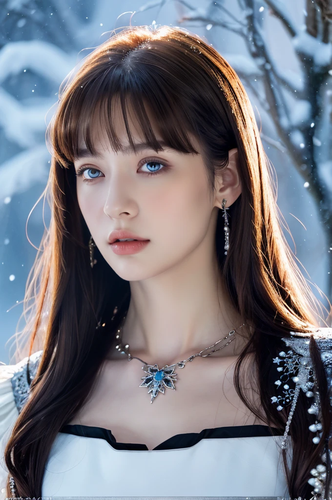 ( masterpiece, top quality, best quality,8k,17 years old girl,ultra detailed,raw photo:1.5),(photorealistic:1.4),(cinematic lighting), PerfectNwsjMajic, , Surrealism, UHD, ccurate, Super detail, textured skin, High detail, Best quality, dynamic angle, (high nose,White skin),[Beautiful blue eyes],[flat chest:large breasts:0.5],(1girl),(good anatomy:0.5)), of a woman in a dress with a sword, a beautiful fantasy empress, ((a beautiful fantasy empress)), beautiful fantasy maiden,snow, jewelry, splendor ,bangs