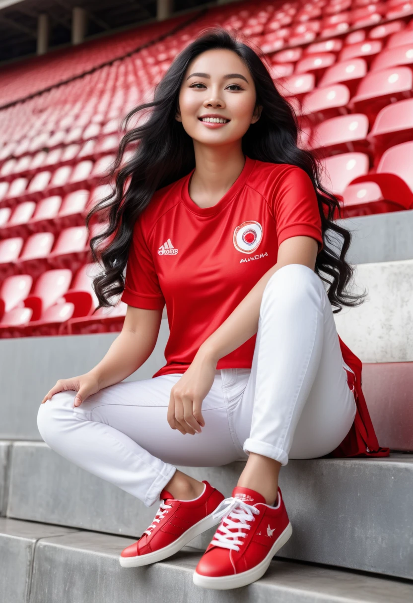 1girl, photo of portrait of  beautiful bright (asian woman), (warm tanned skin), (Black long hair  with soft curl),
full body photo, wear indonesian red jersey and white jeans,  amd red snakers,  as supporters, in stadium at top tribune, full of supporters,