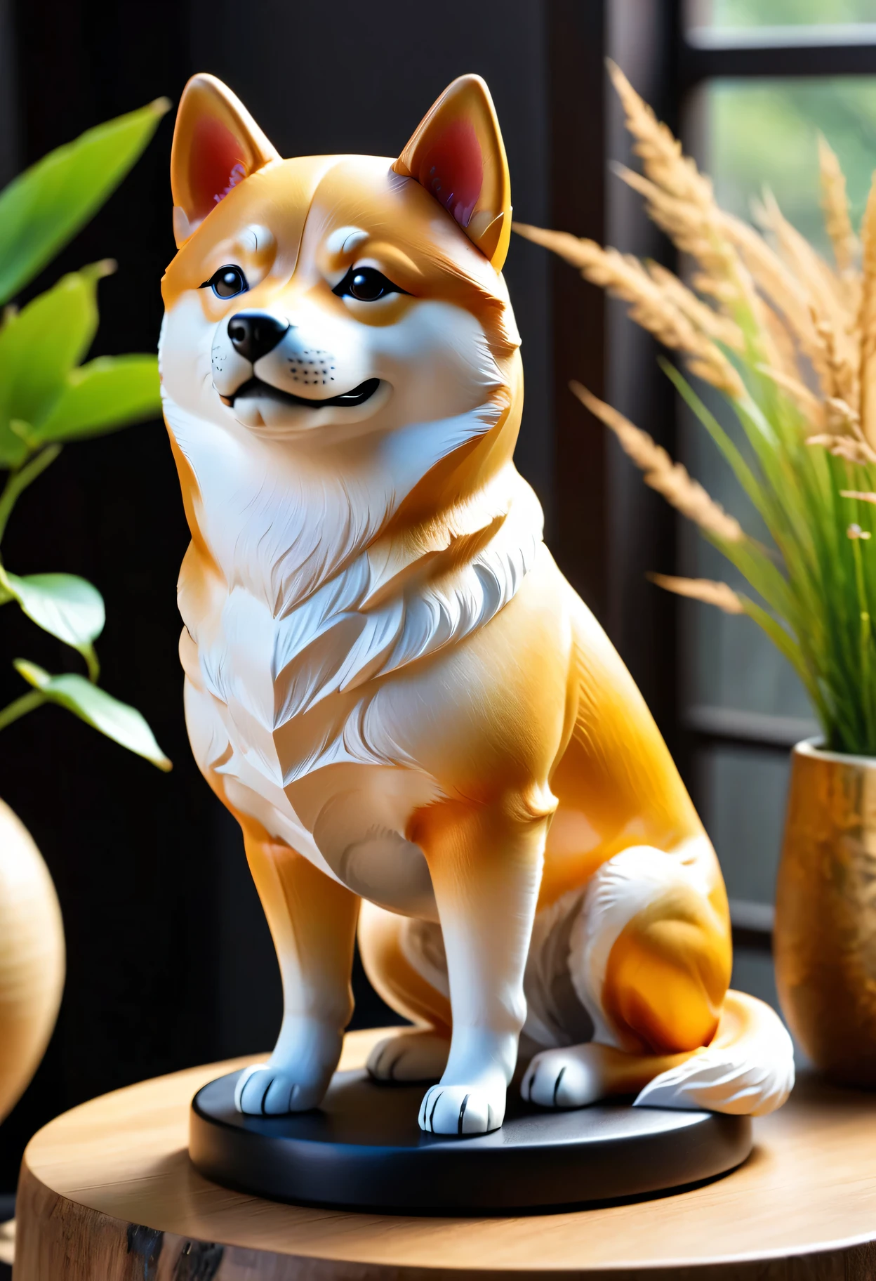 A cute Shiba Inu design sculpture,Made of durable material(rubber、Silica gel)production,offer(Best quality、high resolution)Protect。The sculpture(Realistic)Characterized by Shiba Inu,Capture it(Cute expression:1.1)and(detailed、Expressive eyes:1.1)as well as(Cute little nose and mouth:1.1)。The design also includes(Finely etched fur details),Highlights the texture of dog hair。 The color palette of the design is composed of(Bright、Earthy tones)The composition,Create a lively and natural feeling。 In order to improve the overall quality and details of the image,Sculpture(Super Fine、High resolution printing technology)production。color(Visually striking、vivid)and image features(Focus)Make Shiba Inu Design Stand Out。The artistic style of sculpture tends to(Cartoon、Illustration),a screenshot of a landscape with(Japanese style)of aesthetics。