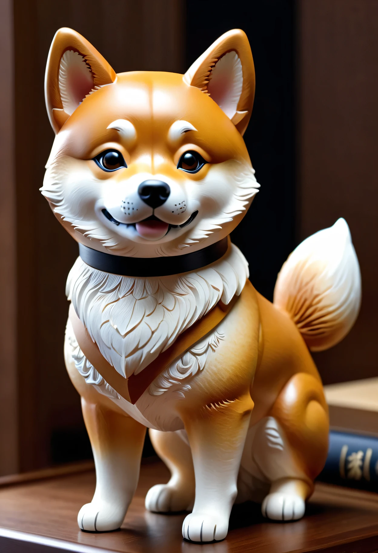 A cute Shiba Inu design sculpture，Made of durable material（rubber、Silica gel）production，offer（Best quality、high resolution）Protect。The sculpture（Realistic）Characterized by Shiba Inu，Capture it（Cute expression：1.1）and（detailed、Expressive eyes：1.1）as well as（Cute little nose and mouth：1.1）。The design also includes（Finely etched fur details），Highlights the texture of dog hair。 The color palette of the design is composed of（Bright、Earthy tones）The composition，Create a lively and natural feeling。 In order to improve the overall quality and details of the image，Sculpture（Super Fine、High resolution printing technology）production。color（Visually striking、vivid）and image features（Focus）Make Shiba Inu Design Stand Out。The artistic style of sculpture tends to（Cartoon、Illustration），a screenshot of a landscape with（Japanese style）of aesthetics。