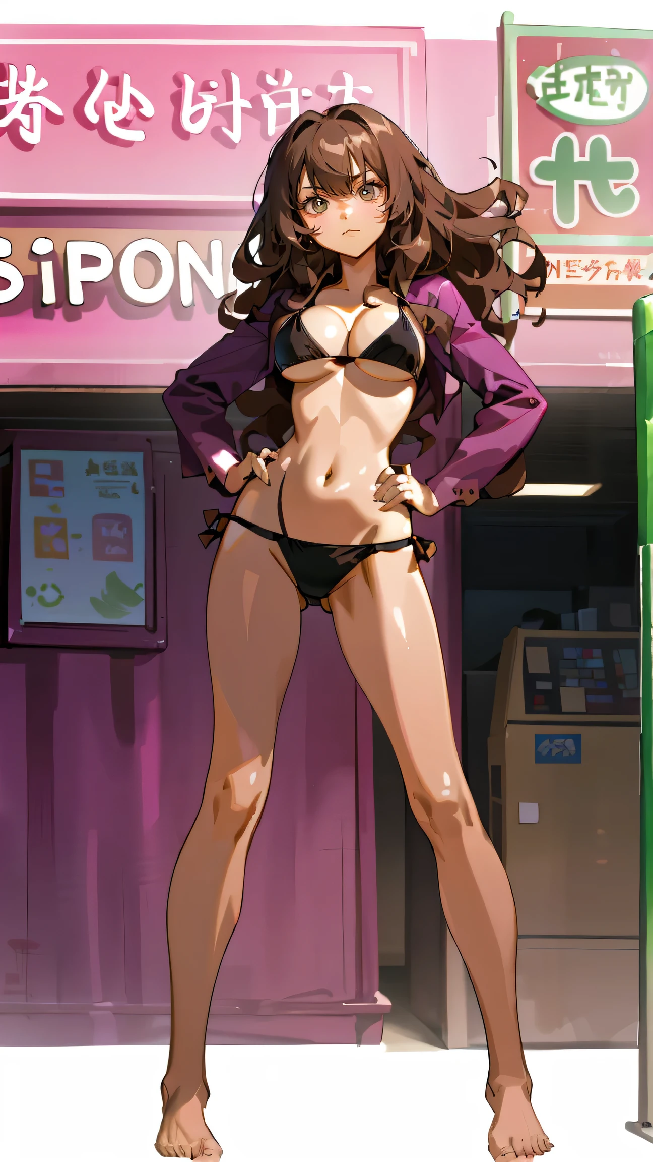 Masterpiece, best quality, Masterpiece, best quality, 1 woman, wavy brown hair , sly face , pink bikini , abdomen, , Long legs , Barefoot , hands on hips , convenience store