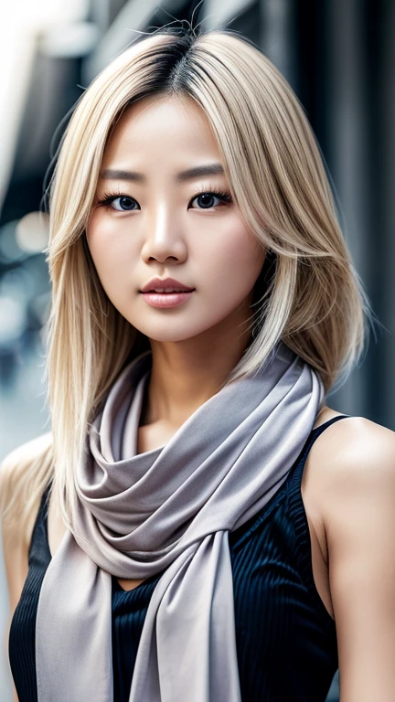 beautiful korean model woman with blonde hair using black tank top with cotton scarf, detail bright face, she have a very bright eyes, angry face, detail face, sexy sensual glamorous , realistic skin, skin pore, vibrant, dramatic lighting, 8k resolution picture, high detail on the photo, very realistic picture, dramatic lighting, fullbody, depth, shadow, dramatic shadow, one of a kind photo, sharp photo, sharpness on the detail, looking at viewer, view from front, cleavage, (((Best Quality, masutepiece: 1.3)), long dark blonde hair, ultra high res. photorealistic:.1.4, street at night as background, standing straight to the camera view, high quality, masterpiece, 8K, UHD