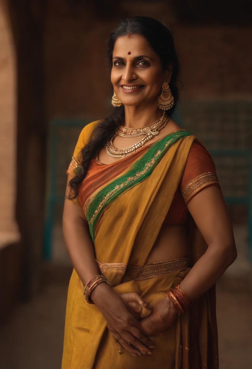 (Full body portrait:1.2),(((Sharpen))), market, RAW, 8k, hard light, realistic skin texture, (((photorealism)), closeup, there is a woman, she is fifty years old, looking like indian aunty, she is very beautiful, smiling face, westren outfit