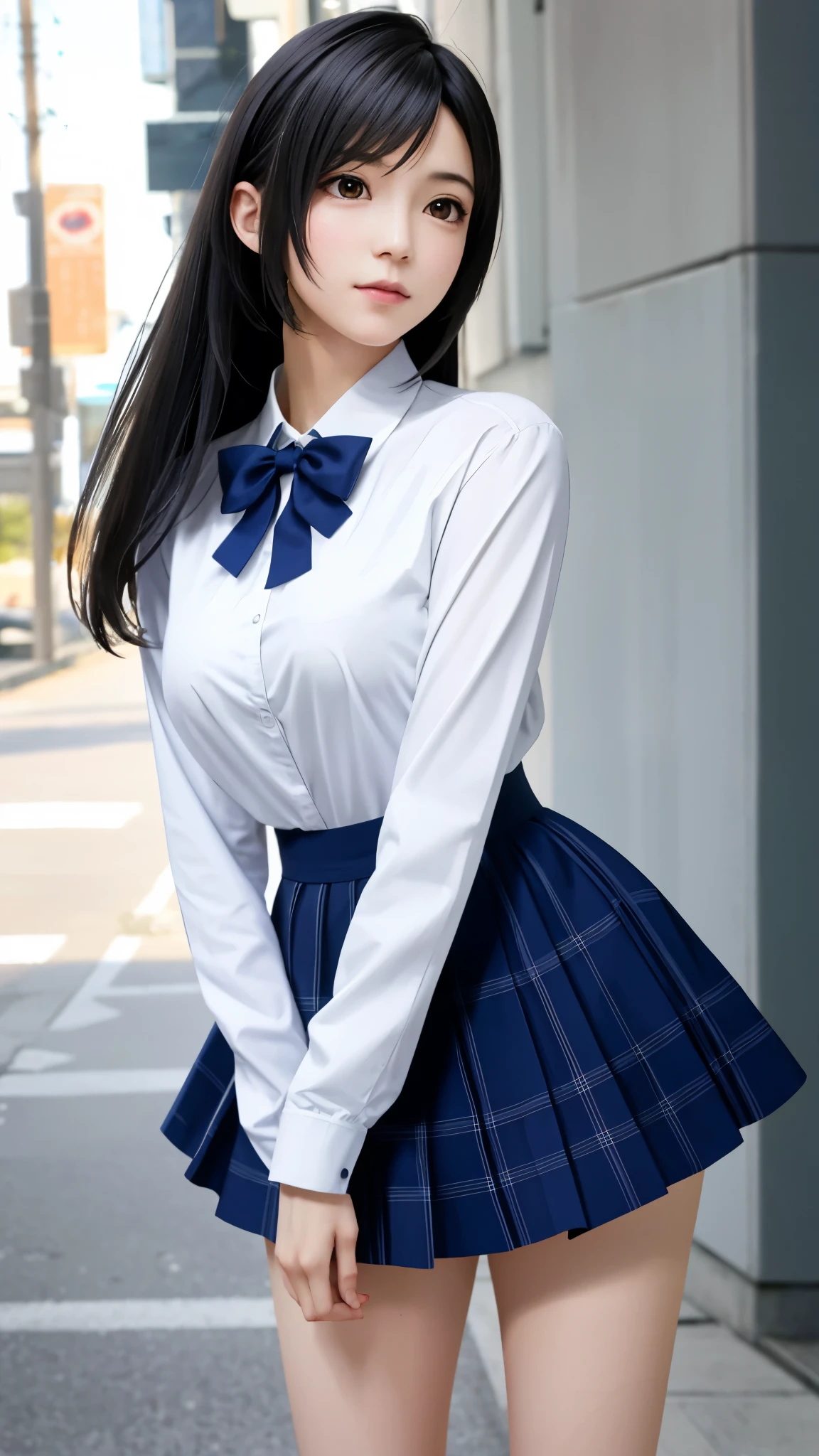 {top quality, 4k, masterpiece},{{{Realistic}}},wallpapers, BREAK {{{FF7,Tifa_lockhart,solo}}},{{{Japanese JK uniform, Navy Blue blazer, collared school shirt, long-sleeved, Navy Blue Plaid Pleated mini-Skirt, loafers}}},school bag,{{background big city, Shibuya, neon}},Cinematic lighting, city light at night,{{model pose, Nogizaka idol}},Ultra-detailed face, Detailed eyes, Red eyes, BREAK (((FF7,Tifa_lockhart))),{black brown hair, medium breasts}, BREAK , About 18 years old, kawaii,{{{face focus}}}, looking away, Beautiful legs,  cowboy shot