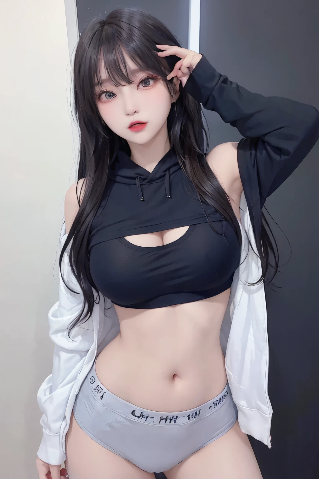 high image quality、Raw photography、20-year-old Korean、big round chest、Hoodie without front closed、lace underwear、Beautiful Eyes of Details、very elongated eyes、Beautiful eyelashes、Beautiful double eyelids、eyeshadows、耳Nipple Ring, (standing pose:1.5), wearing super tight boxers,