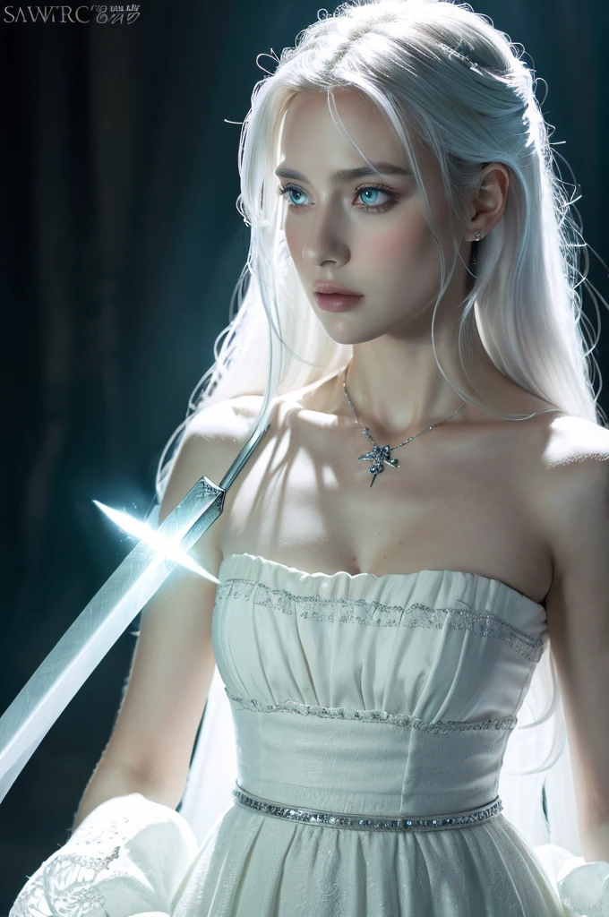 ( masterpiece, top quality, best quality,8k,17 years old girl,ultra detailed,raw photo:1.5),(photorealistic:1.4),(cinematic lighting), PerfectNwsjMajic, , Surrealism, UHD, ccurate, Super detail, textured skin, High detail, Best quality, dynamic angle, (high nose,White skin),[Beautiful blue eyes],[flat chest:large breasts:0.5],(1girl),(good anatomy:0.5)), of a woman in a dress with a sword, a beautiful fantasy empress, ((a beautiful fantasy empress)), beautiful fantasy maiden, jewelry, splendor ,white hair