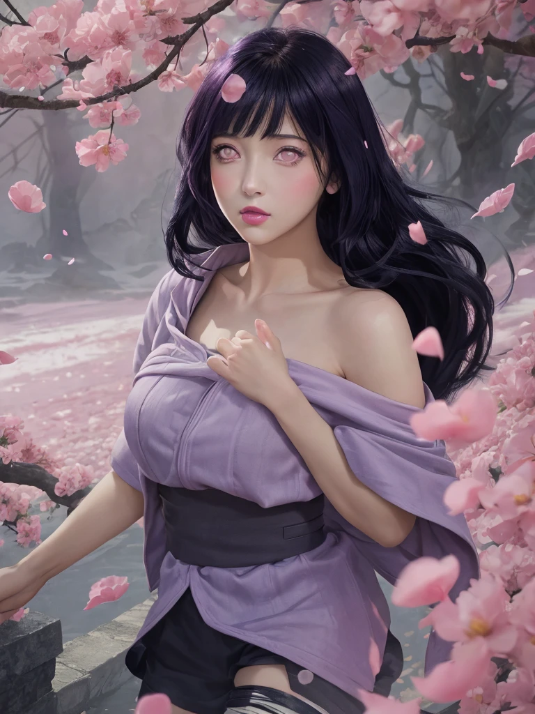 masterpiece, best quality, 1girl, looking at viewer, hinata\(shippuden\), parted lips, wind lift, bottomless, purple fabric ,blue black hair, long hair, white eyes, solid eyes, masterpiece, absurdres, hinata\(boruto\), 1girl, solo,mature female, off-shoulder oversized shirt, looking at viewer, (falling petals), perfect composition, detailed lips, beautiful face, body propotion, blush, (pink lips), long hair,  purple eyes,  soft gaze,  super realistic, detailed, photoshoot, realistic face and body.