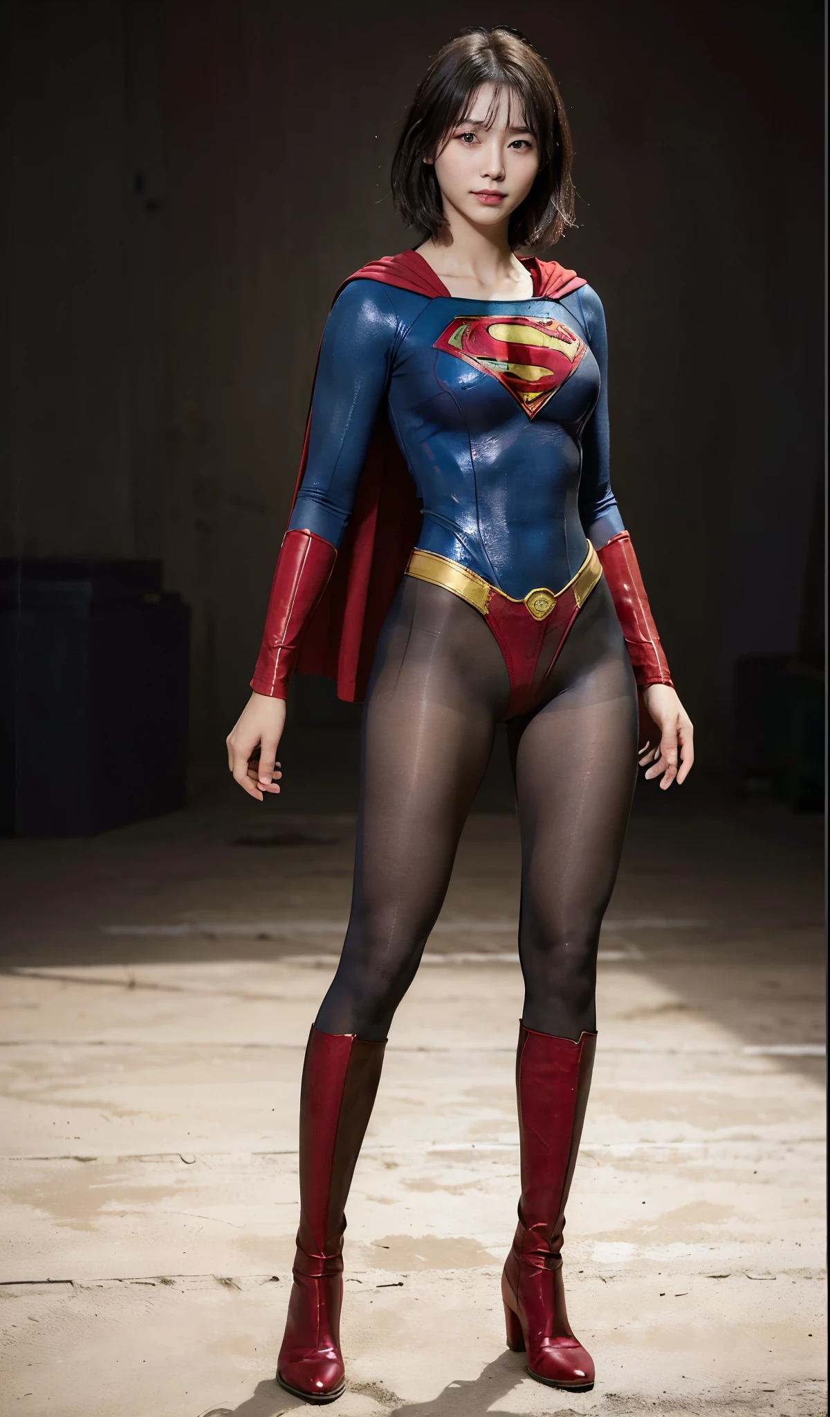 No background、(((Beautiful legs in black tights.)))、(((Legally express the beauty of your smile)))、((((Make the most of your original images)))、(((Supergirl Costume)))、(((Beautiful ultra-short hair)))、(((suffering)))、(((Please wear black tights....、Wear red boots)))、((Best image quality、8K))、((highest quality、8K、masterpiece:1.3))、(((Preserve background )))、Sharp focus:1.2、Beautiful woman with perfect figure:1.4、Thin abdominal muscles:1.2、Wet body:1.5、Highly detailed face and skin texture、8K