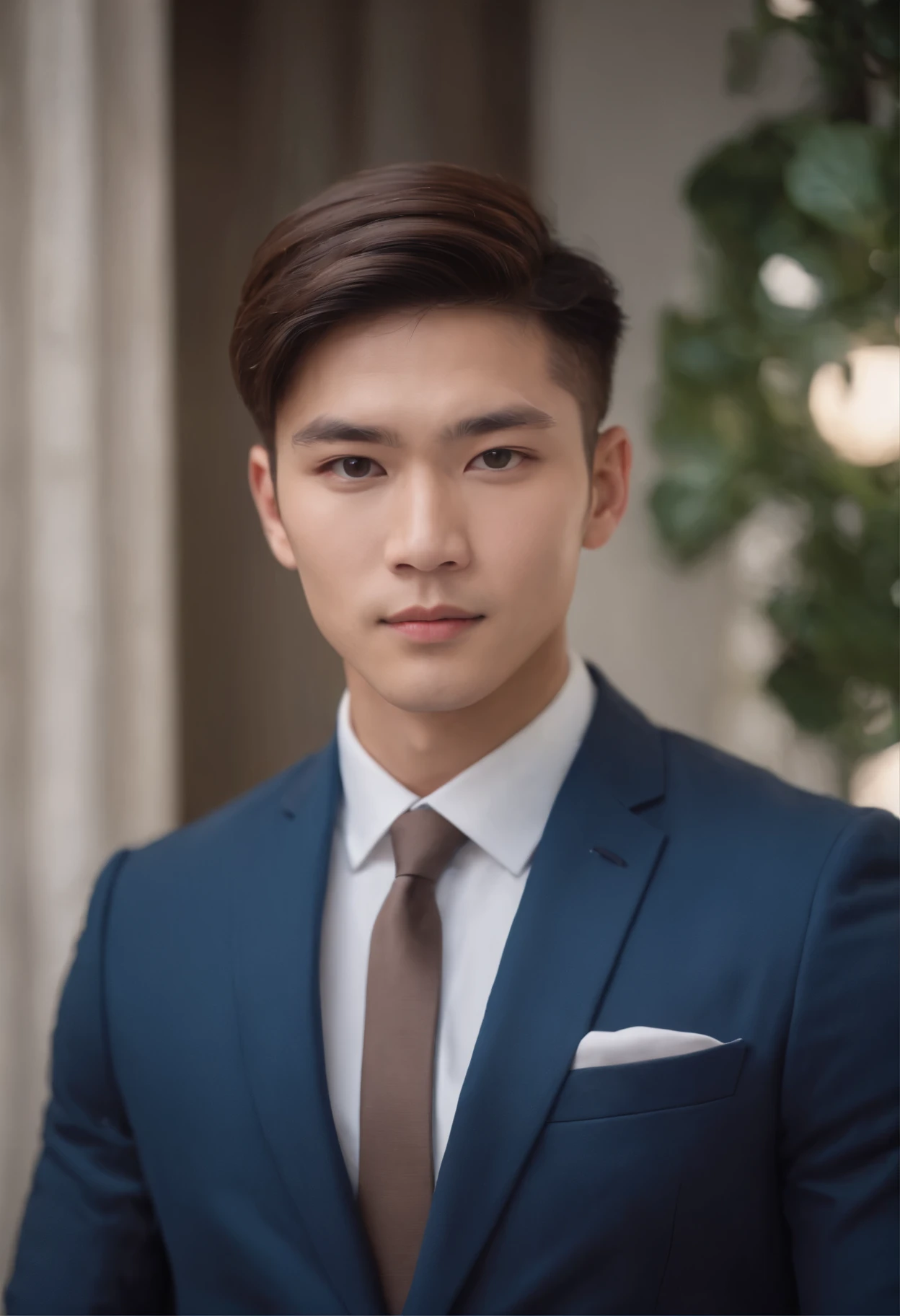 25 year old Asian muscular boy in a navy blue suit with short brown hair in a royal pose