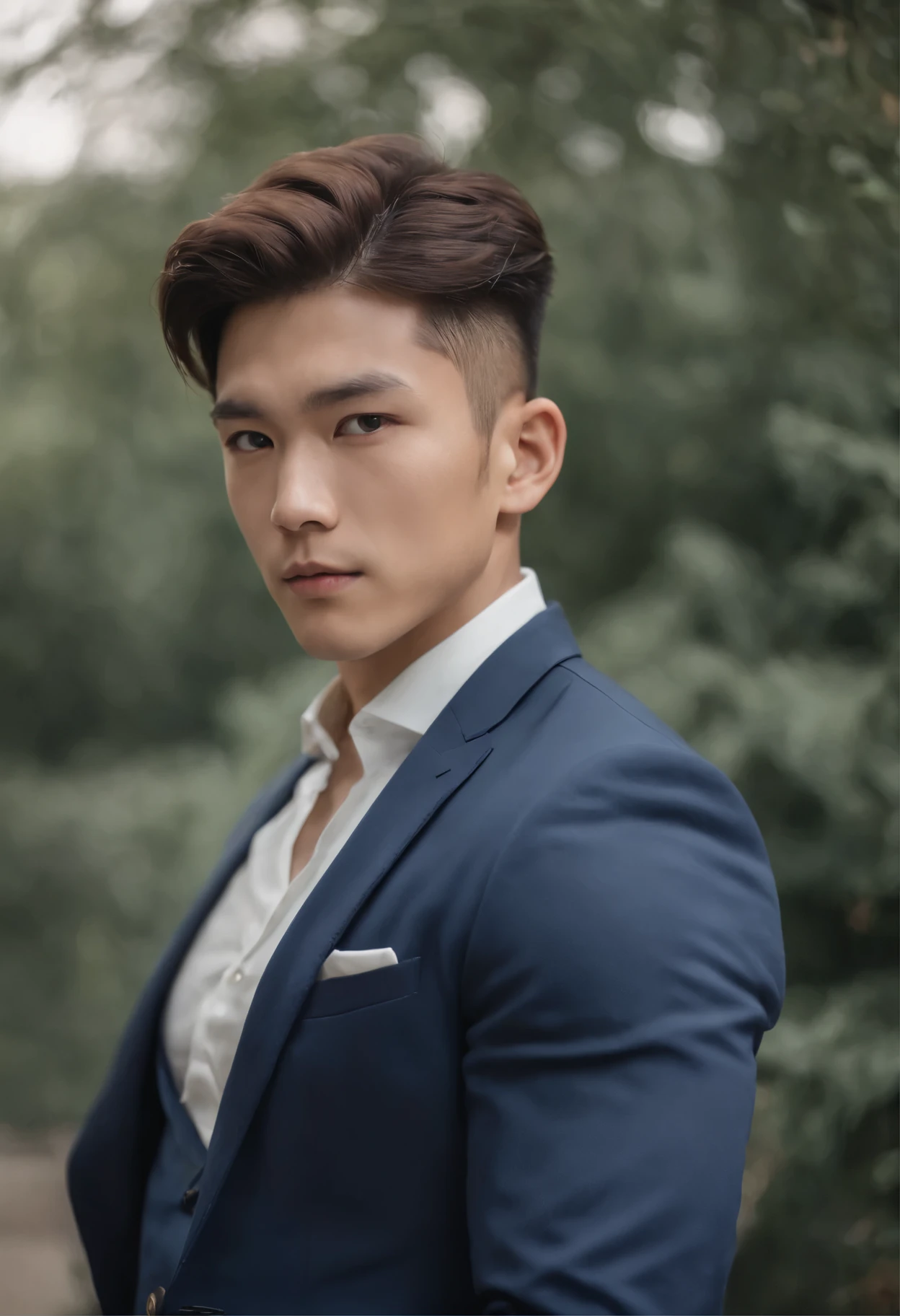 25 year old Asian muscular boy in a navy blue suit with short brown hair in a royal pose