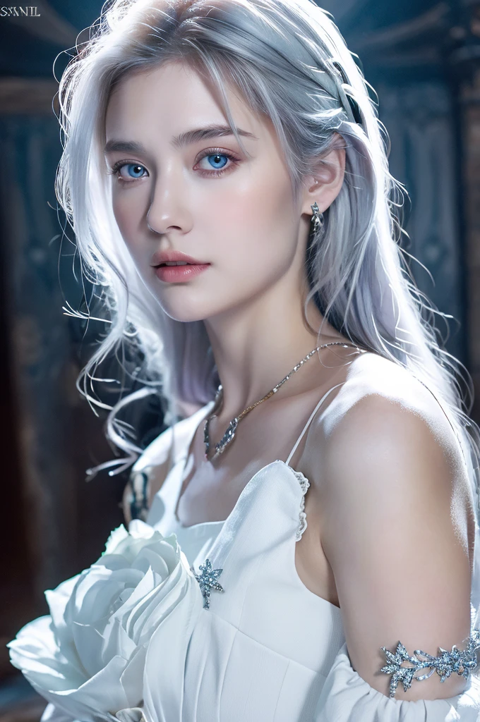 ( masterpiece, top quality, best quality,8k,17 years old girl,ultra detailed,raw photo:1.5),(photorealistic:1.4),(cinematic lighting), PerfectNwsjMajic, , Surrealism, UHD, ccurate, Super detail, textured skin, High detail, Best quality, dynamic angle, (high nose,White skin),[Beautiful blue eyes],[flat chest:large breasts:0.5],(1girl),(good anatomy:0.5)), of a woman in a dress with a sword, a beautiful fantasy empress, ((a beautiful fantasy empress)), beautiful fantasy maiden,snow, jewelry, splendor ,white hair