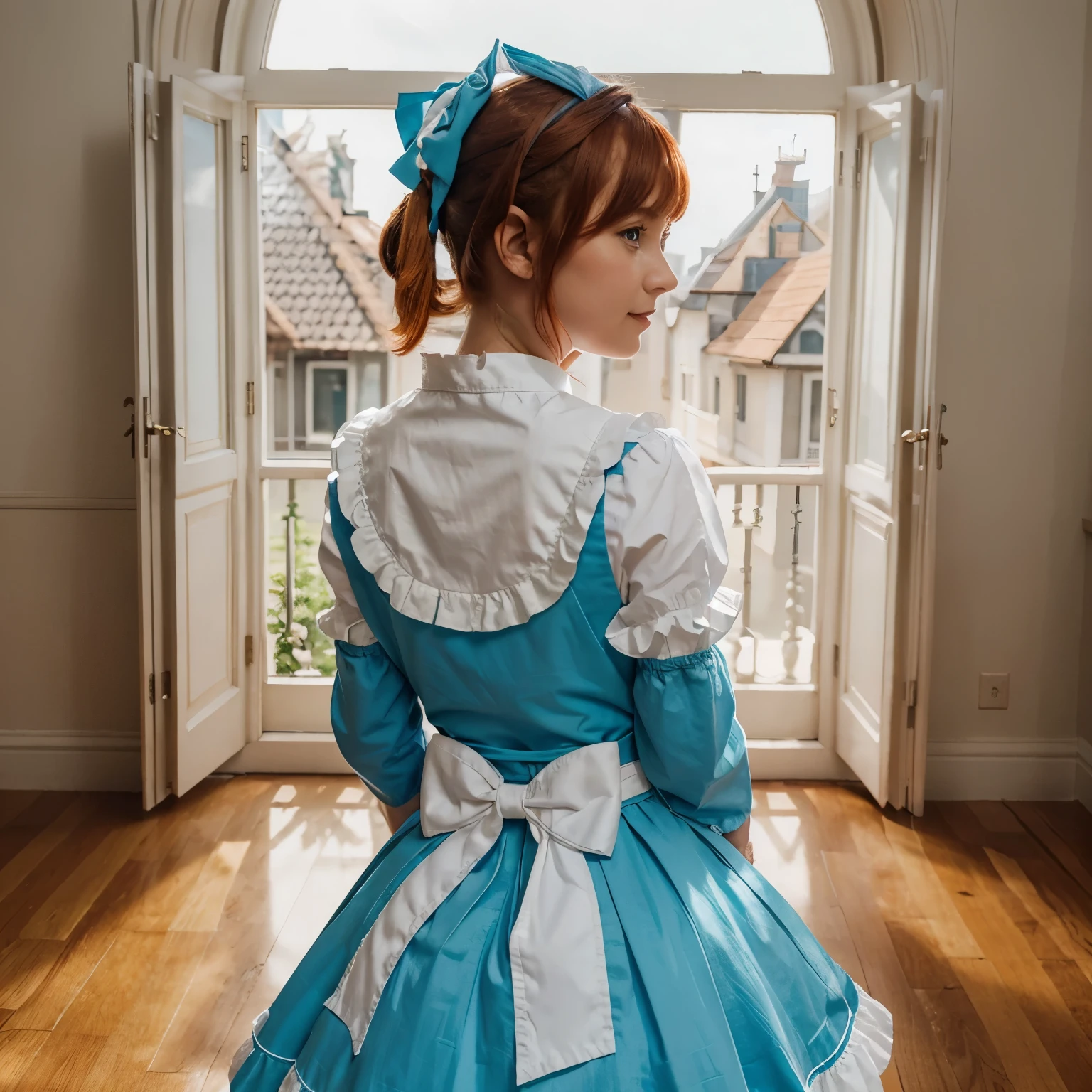 masterpiece,best quality,anime,(2d:1.2),indoors, , 1girl, roswaal mansion maid uniform, solo, maid, cyan blue eyes, short hair,bow hairband, hair between eyes, detached sleeves, looking at viewer, red hairband,ribbon, bangs, looking back, bow, orange hair,red ribbon, black sleeves, window, long sleeves, apron, white bow, frills,ribbon trim,light smile, own hands together,