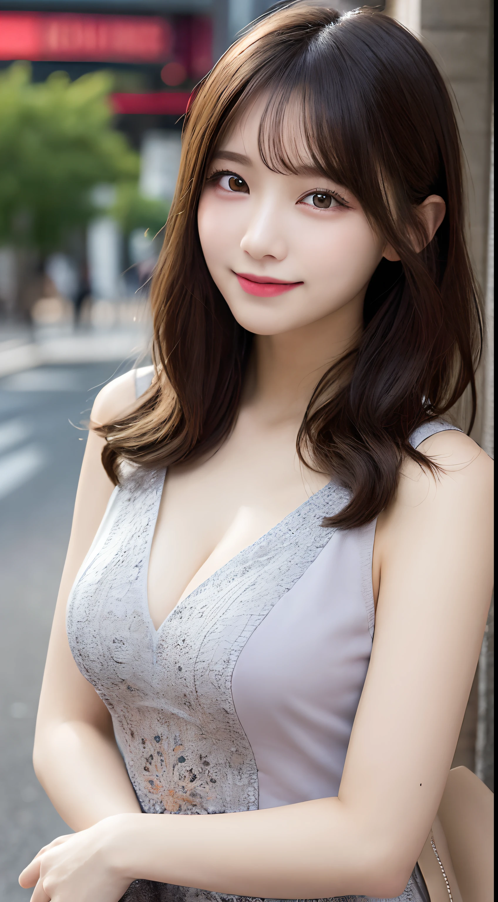 1girll、Masterpiece Mastepiece, Best Quality, Illustration, Ultra-detailed, finely detail, hight resolution, high-level image quality、8K Wallpaper, a Korean girl、Korean Idol、Perfect dynamic composition, Beautiful detailed eyes, Random Dresses,Medium Hair, cleavage of the breast, Natural Color Lip, Random and sexy poses,Beautiful skin、Smile,Street Walk、20 years girl