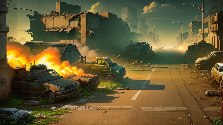 16-bit pixel art, pixel game, post apocalyptic city street with distant city ruin skyline, damaged walls and buildings, rubbles,  outdoors ruined cityscape, grimy streets backdrop, large empty street, style of metal slug, mainly empty street, the street is entirely lit up by the daylight