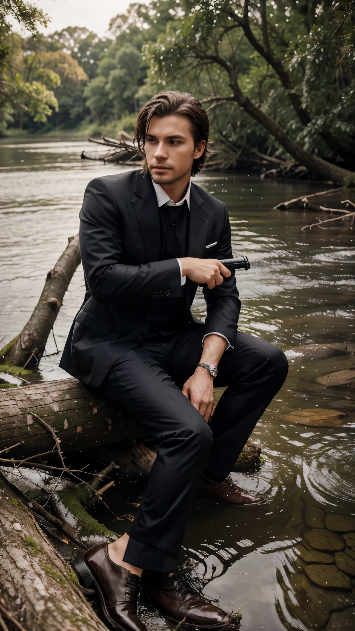 Make me a man wearing formal clothes sitting on the river bank on top of a fallen tree accompanied by a long-barreled firearm 
