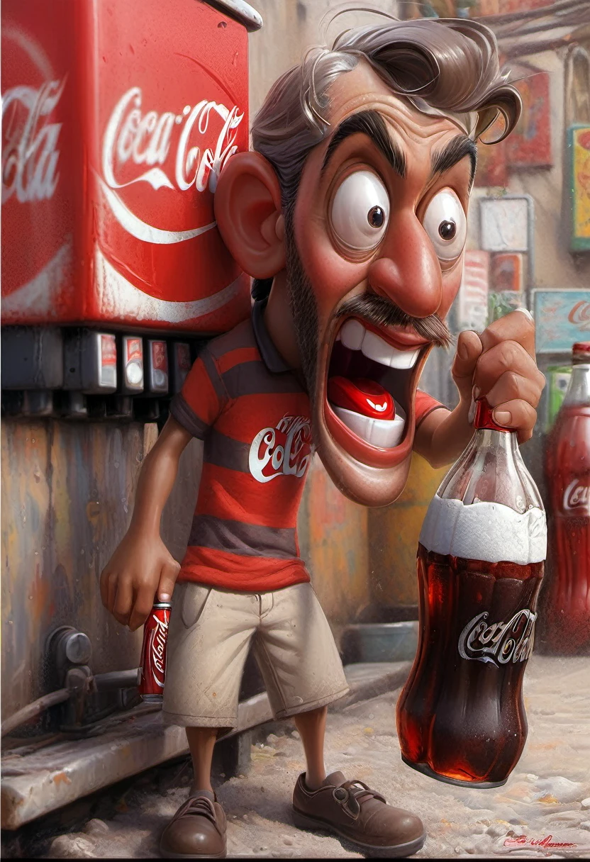 4k, comic babes, cartoon man holding a bottle of Coca-Cola and a Coca-Cola machine, ultra humorous oil painting, drinking a bottle of Coca-Cola, cartoon digital painting, by Eddie Mendoza, advertisement for Coca-Cola, hyperrealistic illustration, Cartoon Digital Painting Art, hyperrealistic illustration, CARTOON ART, hyperrealistic digital art, hyperrealistic art, funny art, highly realistic digital art, soda