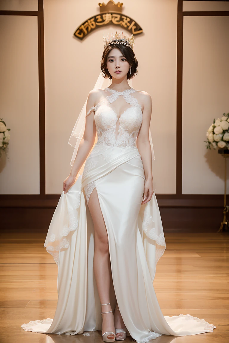 ((girl in perfect body shape)), ((at wedding hall)), ((Bobhair cut)), ((top-quality)), RAW , ((masterpiece)) , (fujifilm), 16k , (Photorealism), ((beautiful bride)), ((wearing bride crown)) , ((low shot)), ((distant shot)),((facing towards the viewers)), ((full body shot))