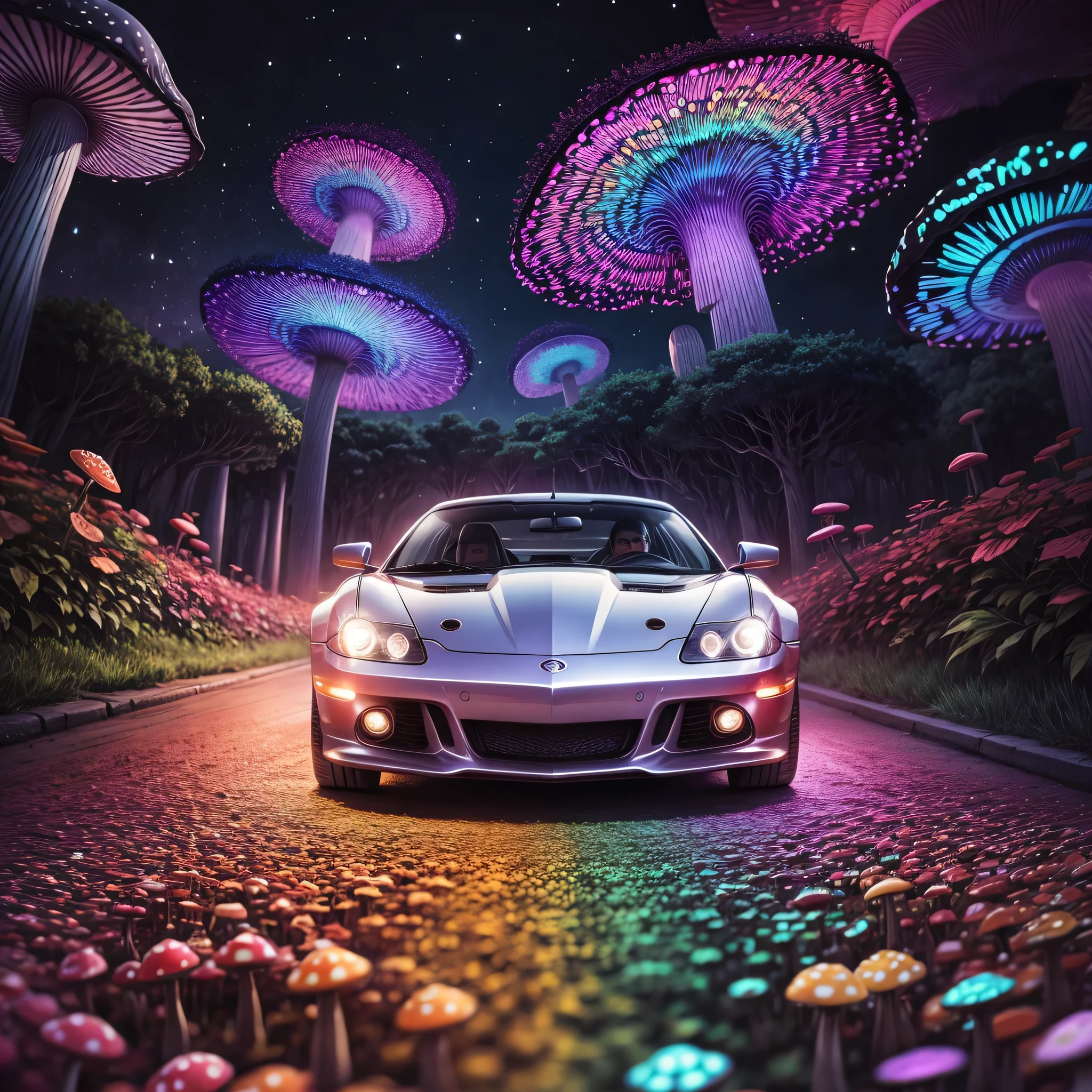 sports car going through ((hallucinogenic_mushrooms)), shroom-road, ((psychedelic)), colorful, illusions, bright colors, night, night time, dark sky