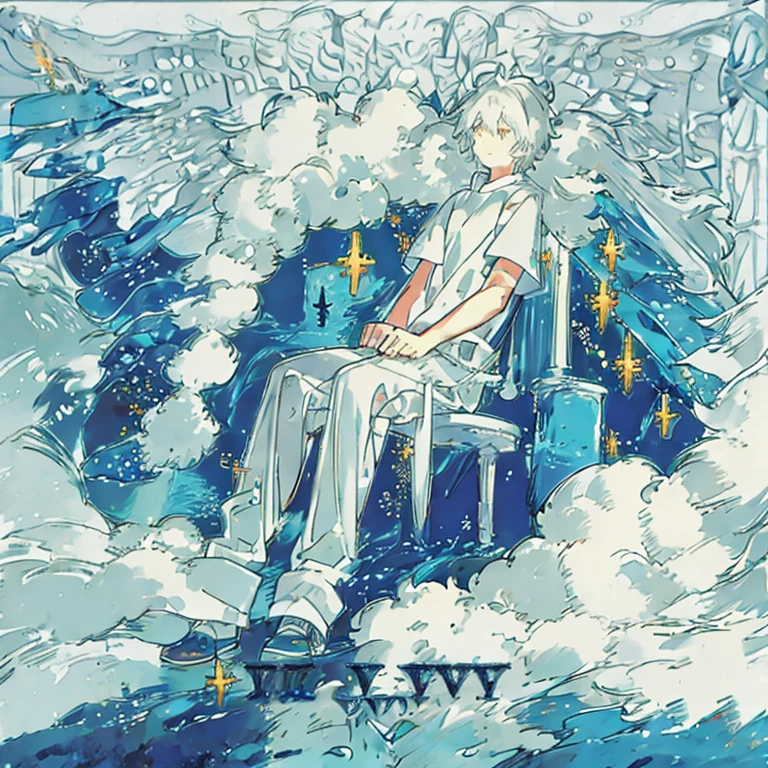 Calm boy with fluffy white hair
