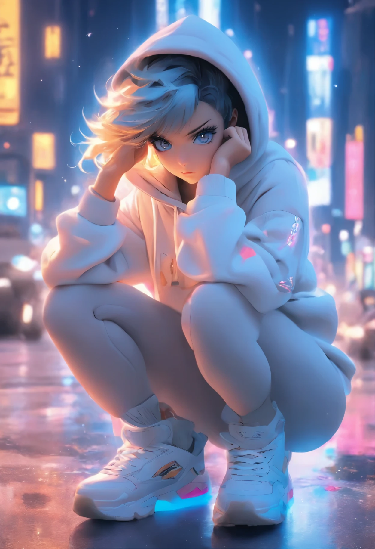 1 Girl, Solitary, White Hoodie, Black trousers, White shoes, Front of Lamborghini, street, White skin, 18 years old, Improper sitting posture, Multi-colored hair, black eyes, frown, Delicate face, Delicate eyes, Eye level shooting, Divine Light, glowing light, Modern, 85 mm, Nikon, Super Detail, textured skin, Anatomically correct, high resolution, best quality, 8k, masterpiece