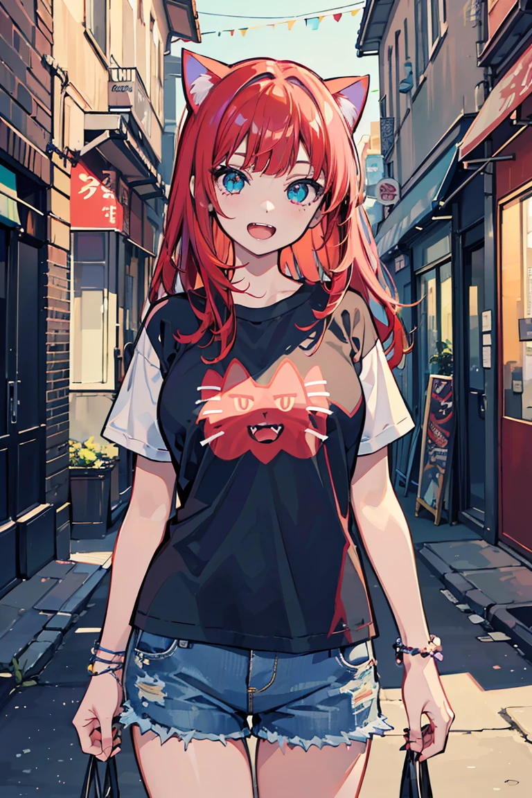 (1 girl), (Dragon Girl), Street fashion, ((Oriental dragon horns growing from the head)), Asymmetrical Hairstyles, (super high quality), masterpiece, Cowboy Shot, (((Cat Eyes))), Deep red hair, Mid Cut, Tie up the ends of your hair, Casual Scene, Tense atmosphere, She is wearing fashionable clothes, sun, Gives off warm tones, Street atmosphere, Perfect body, (E Cup:1.2), Wide open mouth, Jagged teeth, Fresh, (Long Bangs:1.3)Highly detailed face and eyes, Band T-shirts, Digital Art, beautiful, Cinema Lighting, By Yusuke Murata.tonality, Romanticism, modern art, Impressionism, reflected light, 8k, masterpiece, Advanced Details, highest quality, Accurate anatomy