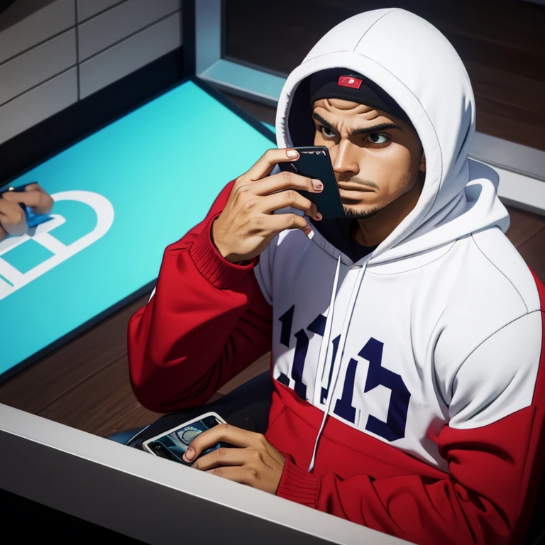 Man in hoodie with cell phone in hand placing sports bets on football teams so that a bet appears that is being made