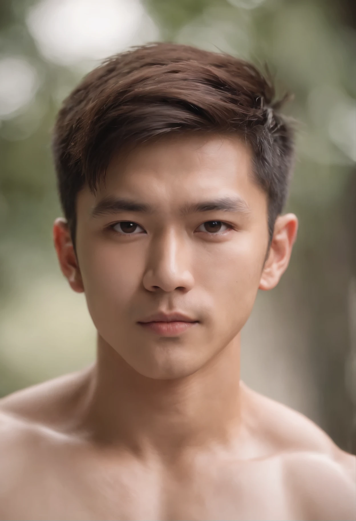 25 year old Asian muscular boy with short brown hair, shirtless, half body shot 